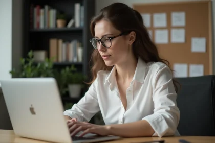 Femme concentrée travaillant sur son ordinateur dans un bureau moderne
