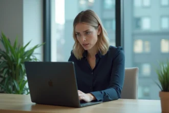 Femme professionnelle au bureau regardant un ordinateur avec erreur
