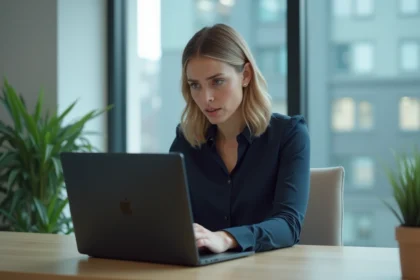 Femme professionnelle au bureau regardant un ordinateur avec erreur