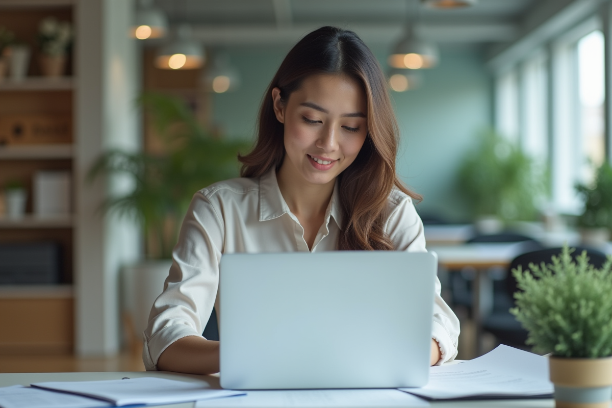 Jeune femme d'affaires au bureau avec documents et ordinateur