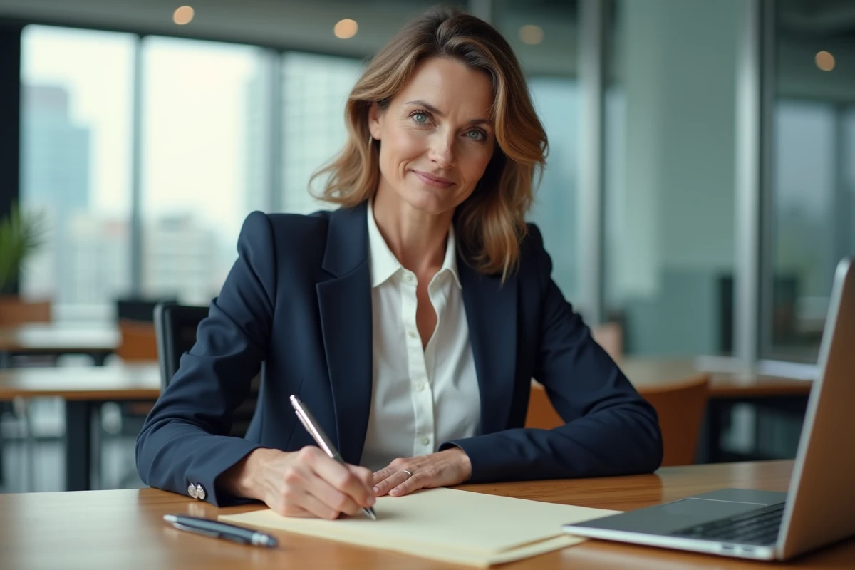 Femme cadre rédigeant une lettre de recommandation professionnelle à son bureau en entreprise