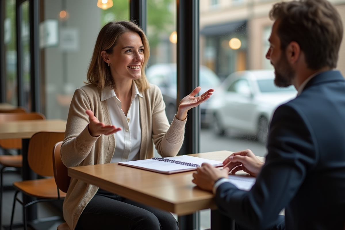 Femme d affaires parle avec client dans un café moderne