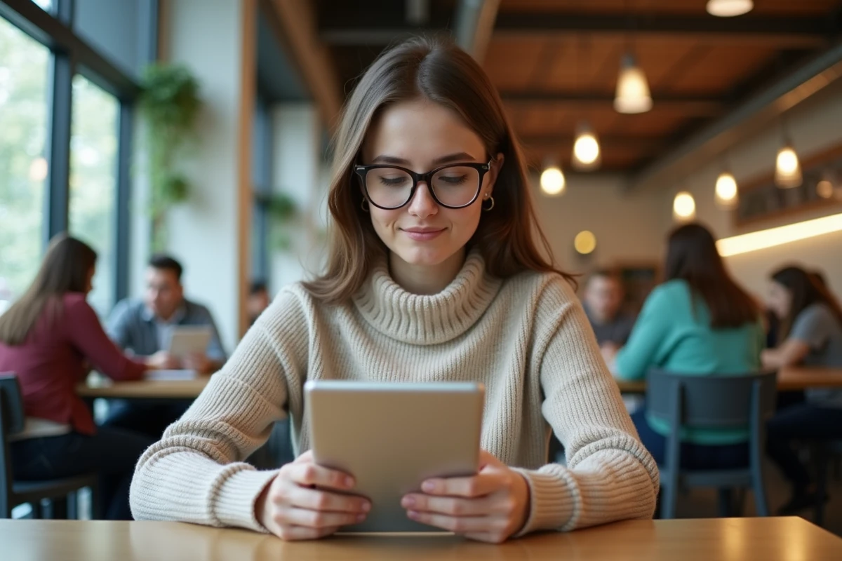 Jeune femme dans un café universitaire utilisant sa tablette