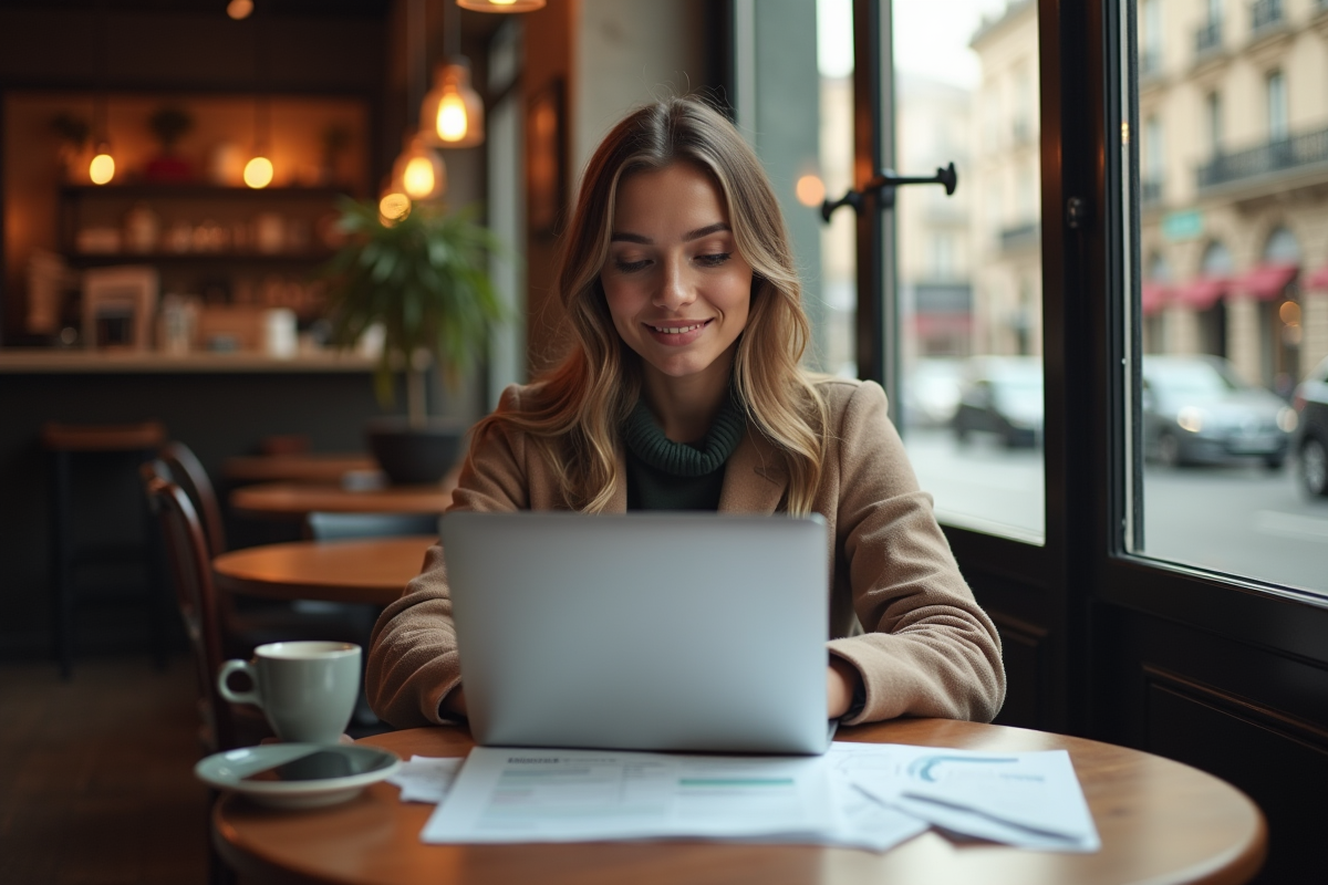 Jeune femme travaillant sur son ordinateur dans un café parisien