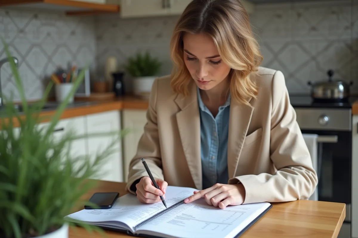 Jeune femme calculant ses coûts dans sa cuisine
