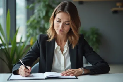 Femme professionnelle planifiant sa carrière dans un bureau moderne