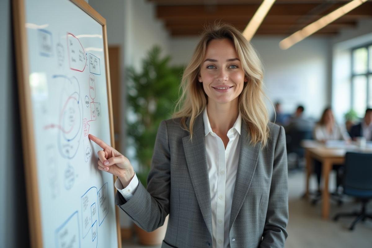 Femme communicante expliquant un diagramme stratégique