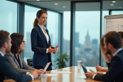 Femme confiante en réunion d'équipe en costume navy
