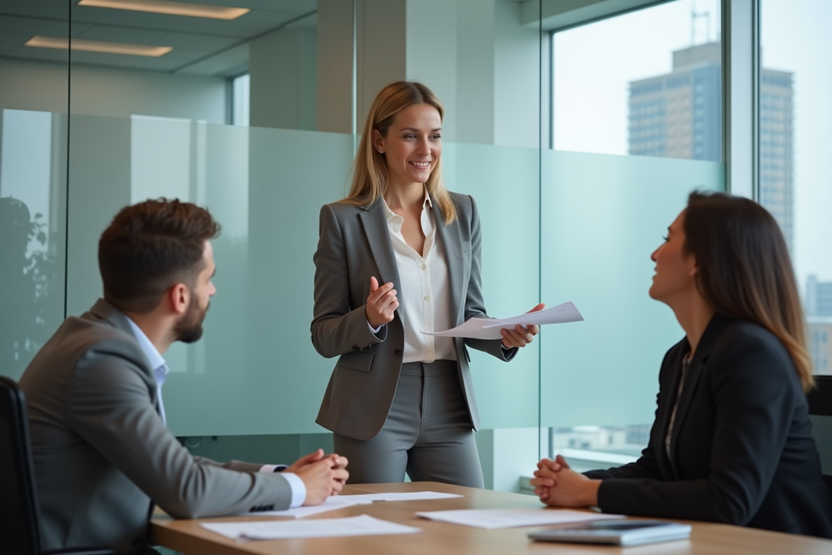 Femme en blazer gris conseillant un collègue lors d