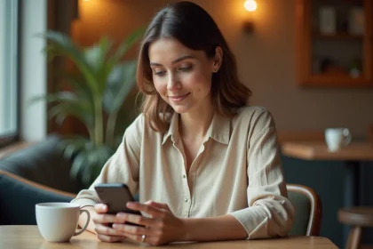 Femme consultant ses convocations administratives sur Cuyclade depuis son smartphone dans un café