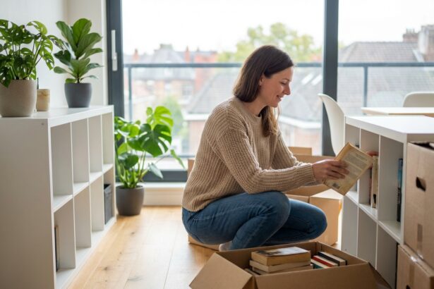Femme déballant des livres dans un appartement lumineux