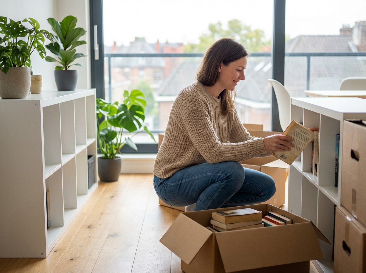 Femme déballant des livres dans un appartement lumineux