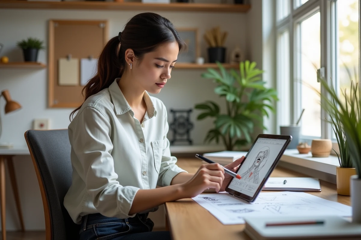 Jeune femme dessinant sur une tablette dans un bureau moderne
