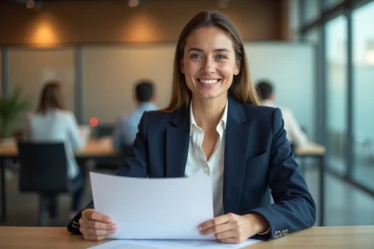 Femme diplômée tenant son diplôme du Cnam lors d'un entretien professionnel dans un bureau moderne
