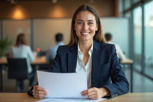 Femme diplômée tenant son diplôme du Cnam lors d'un entretien professionnel dans un bureau moderne