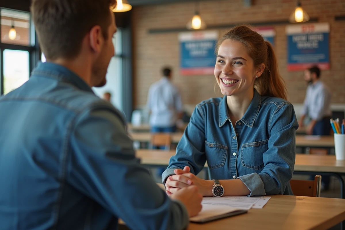 Femme souriante lors d’un entretien dans un centre de formation BTP