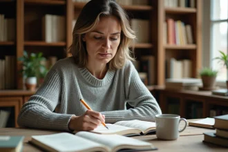 Femme étudiant la conjugaison du passé simple en français dans une bibliothèque personnelle avec des livres de grammaire ouverts