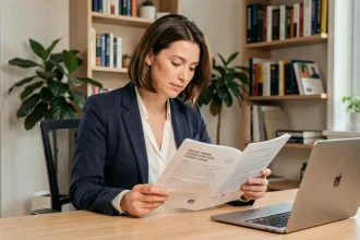 Femme consultant une fiche métier Pôle Emploi dans un bureau à domicile organisé pour une reconversion professionnelle sereine