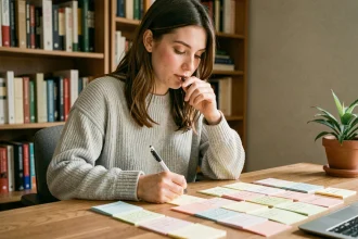 Jeune femme concentrée écrivant des fiches de révision colorées sur un bureau en bois dans un espace d'étude calme et organisé