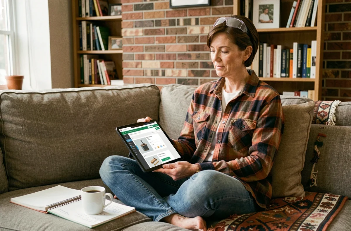 Femme suivant une formation bricolage en ligne sur tablette depuis son salon avec prise de notes