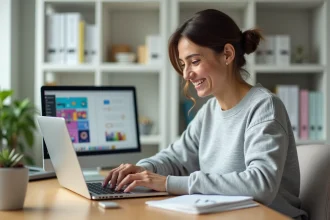 Femme suivant une formation Canva en ligne sur son ordinateur portable dans un bureau à domicile moderne