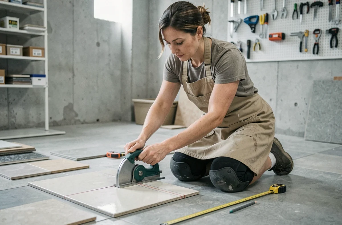 Femme adulte en formation carrelage découpant un carreleau avec une coupe-carreaux manuel dans un centre de formation professionnelle