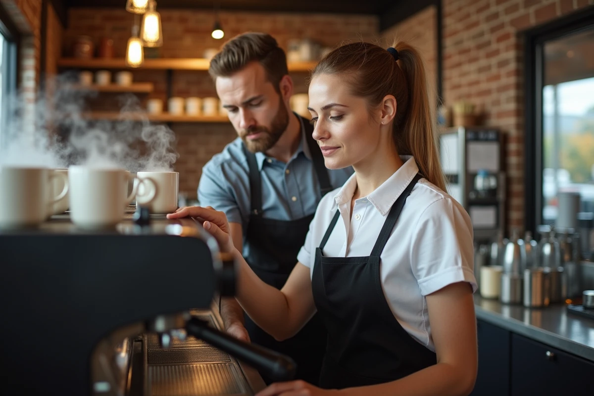 Femme en formation sur le terrain dans un café, apprenant un métier sans expérience préalable
