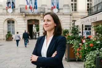 Femme en blazer navy devant l'Hôtel de Ville de Mâcon