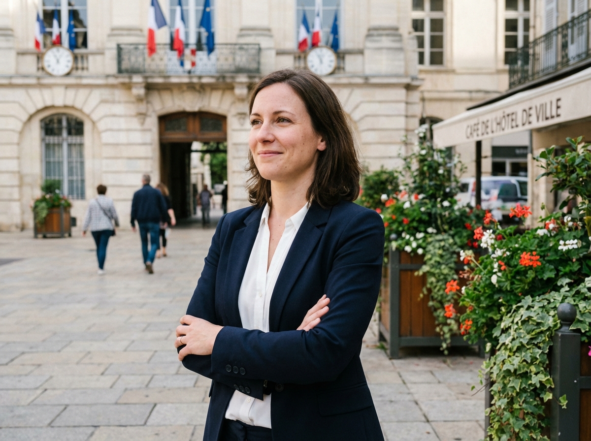 Femme en blazer navy devant l'Hôtel de Ville de Mâcon