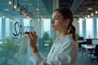 Jeune femme en bureau écrivant un slogan marketing