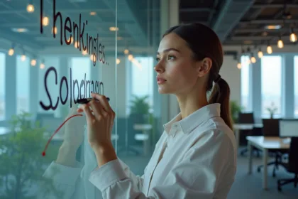 Jeune femme en bureau écrivant un slogan marketing