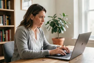 Femme utilisant Moodle GRETA sur un ordinateur portable pour contacter son formateur depuis son bureau à domicile