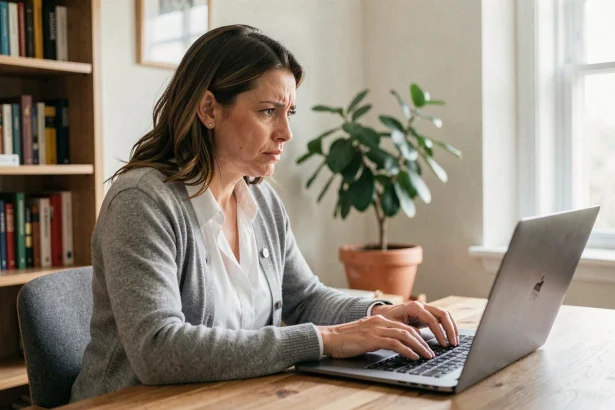 Femme utilisant Moodle GRETA sur un ordinateur portable pour contacter son formateur depuis son bureau à domicile