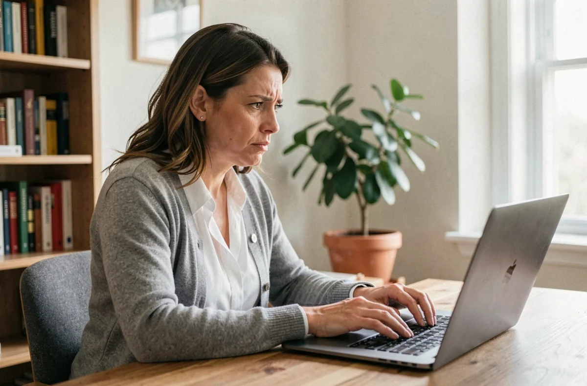 Femme utilisant Moodle GRETA sur un ordinateur portable pour contacter son formateur depuis son bureau à domicile
