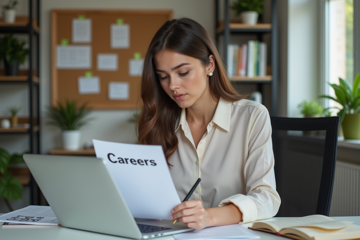 Jeune femme concentrée dans son bureau moderne
