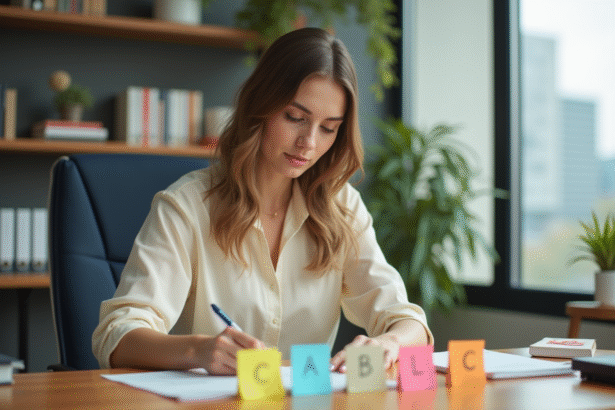 Jeune femme organisée avec cartes colorées dans un bureau moderne
