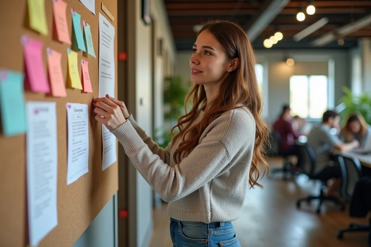 Jeune femme collant une note sur un tableau d