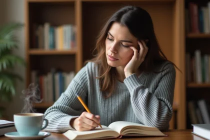 Femme concentrée prenant des notes dans un carnet à son bureau en bois, illustrant la règle grammaticale pour ne plus hésiter avec 'puisse'