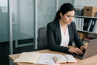 Femme professionnelle au bureau avec ordinateur et dossier