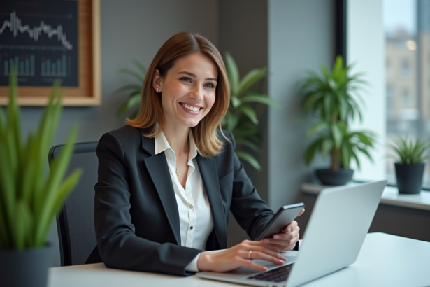 Femme professionnelle souriante au bureau moderne