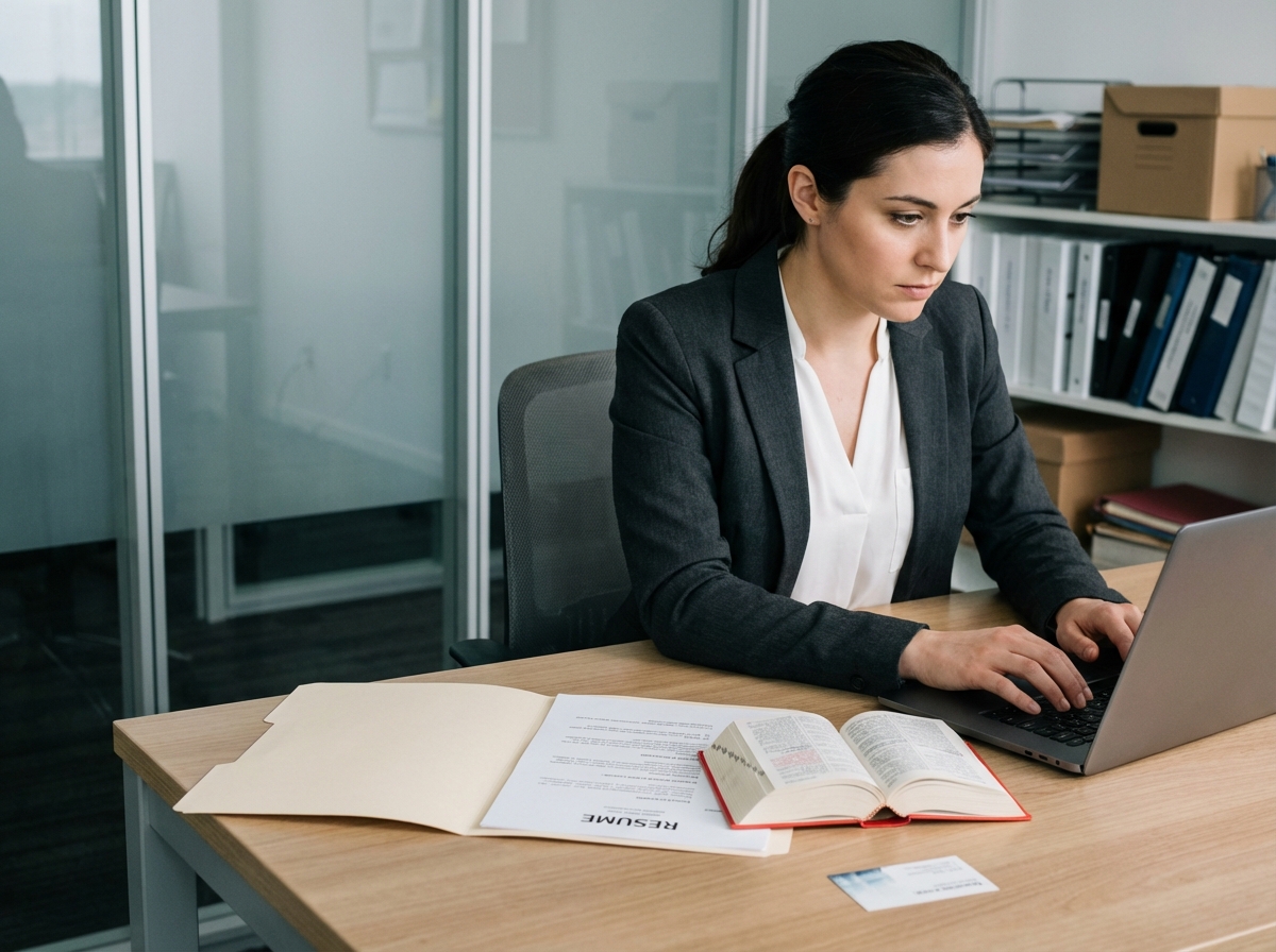 Femme professionnelle au bureau avec ordinateur et dossier