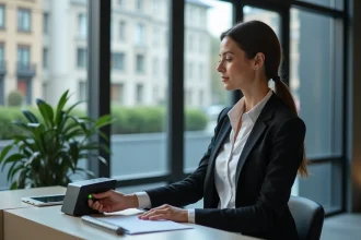 Femme professionnelle tapant sur lecteur de badge à Grenoble
