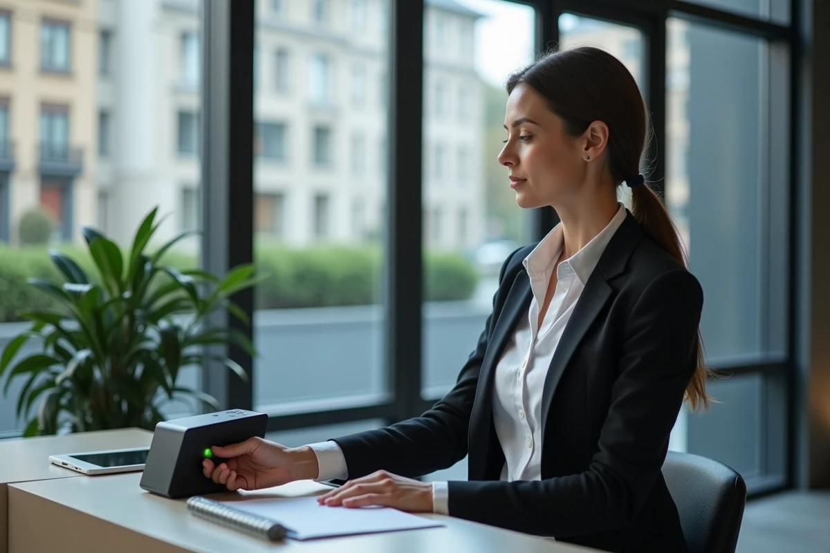 Femme professionnelle tapant sur lecteur de badge à Grenoble