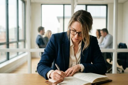 Jeune femme en réunion d'affaires prenant des notes