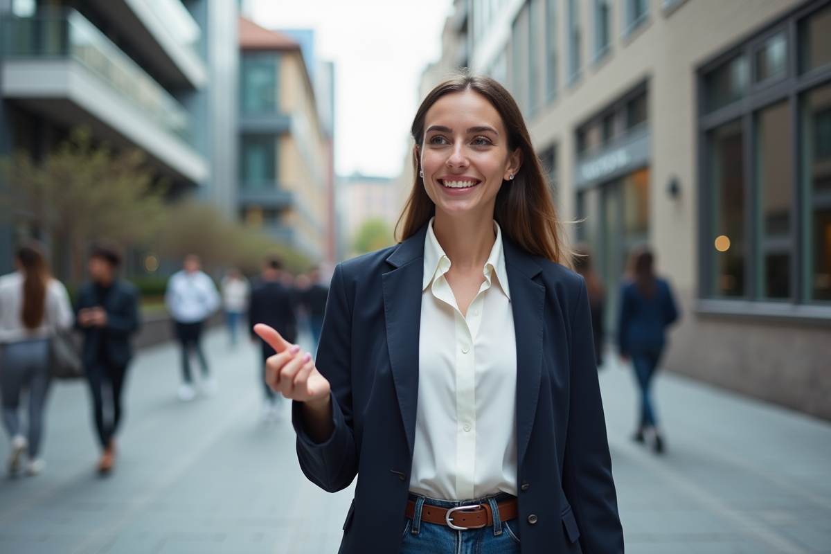 Jeune femme professionnelle parlant en extérieur en ville