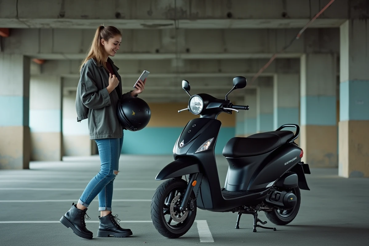 Femme conductrice debout à côté d'un scooter 125cc dans un parking urbain, comparaison entre permis B et permis A1