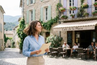 Femme souriante dans une rue de Manosque avec bâtiments provençaux