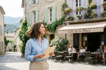 Femme souriante dans une rue de Manosque avec bâtiments provençaux