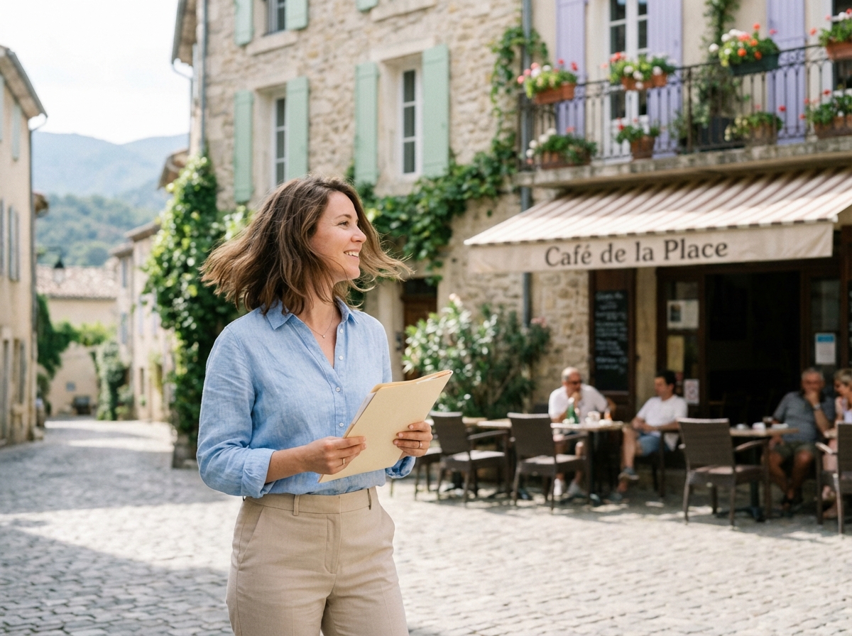 Femme souriante dans une rue de Manosque avec bâtiments provençaux