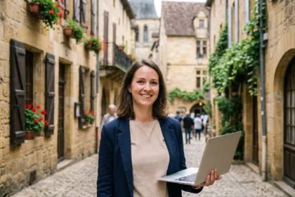 Femme souriante avec ordinateur dans le centre historique de Sarlat